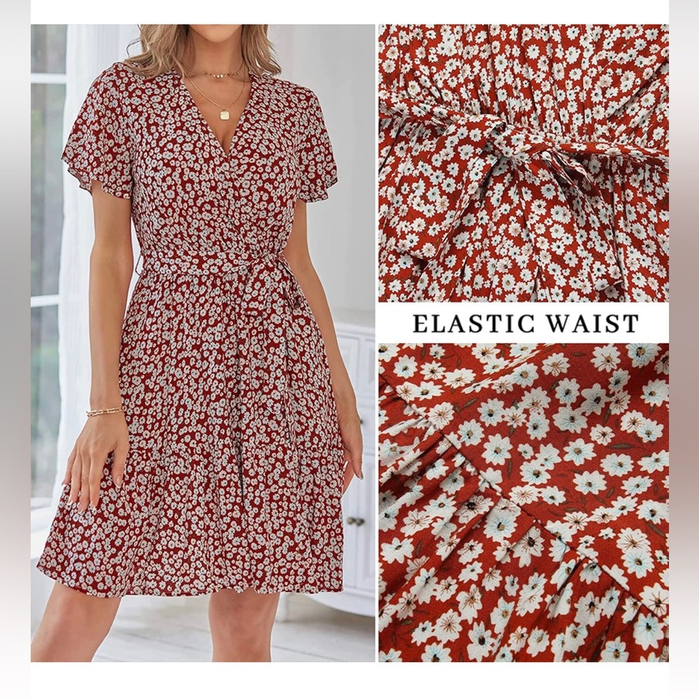 NWTWrap V Neck Bohemian Floral Print Ruffle Swing A Line Beach Mini Dress